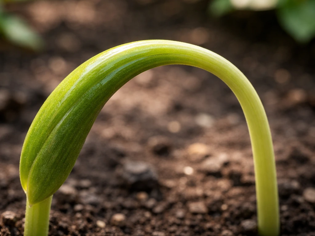 Close-up of a plant stem bending as one side grows faster, with subtle directional light implying auxin transport.