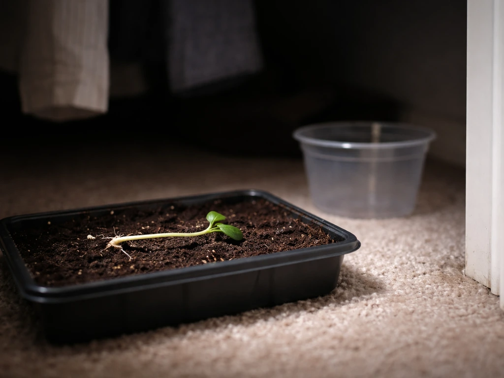 Horizontal seedling in a tray of moist soil inside a dim closet-like setup for a gravity test.