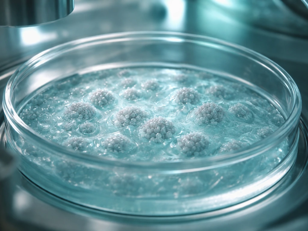 Close-up of cells in a lab dish differentiating into cartilage matrix under bioreactor-like lighting.