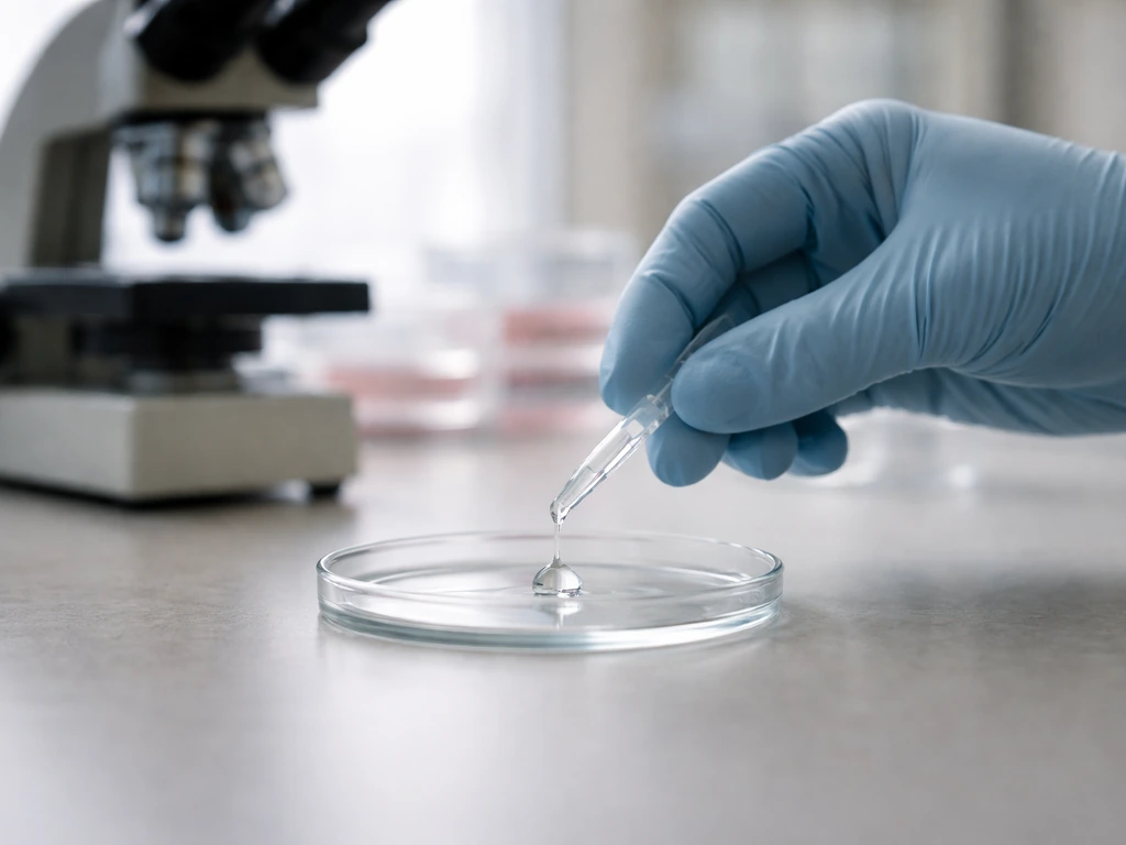 Gloved hand placing a droplet on a petri dish on a clean lab bench, symbolizing cartilage-forming cells.