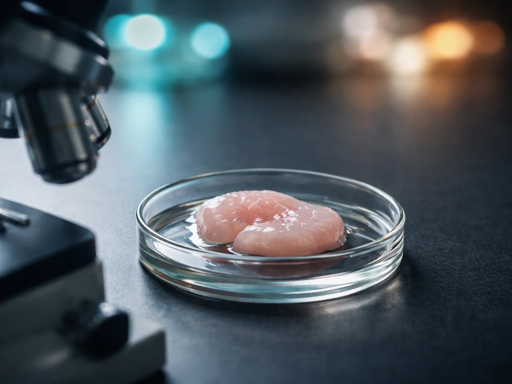 Close-up of a lab bench with a microscope focusing on soft cartilage-like tissue under bright molecular glow.
