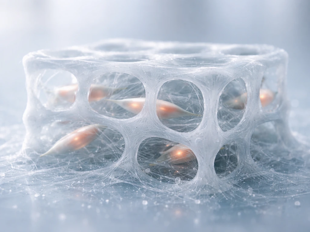 3D photorealistic cartilage scaffold with embedded cells surrounded by collagen fibers and proteoglycans