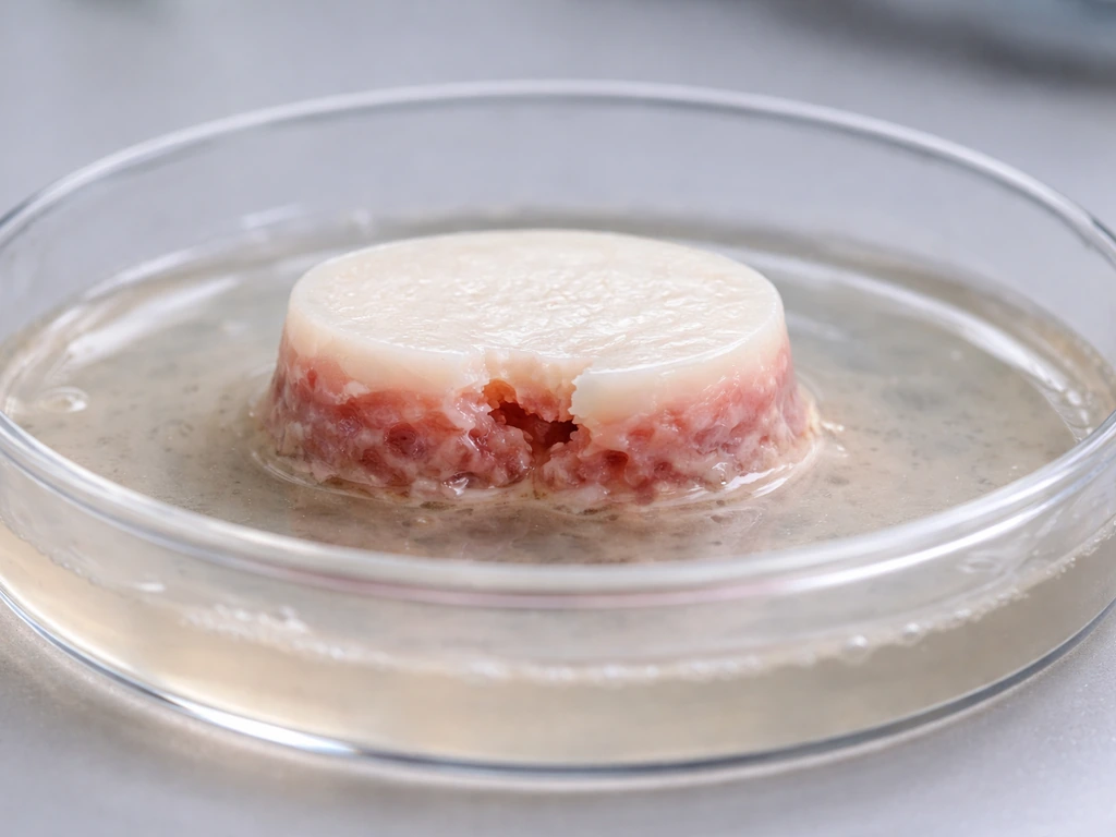 Close-up of engineered cartilage in a lab dish showing a gap at the interface and thinning degeneration.