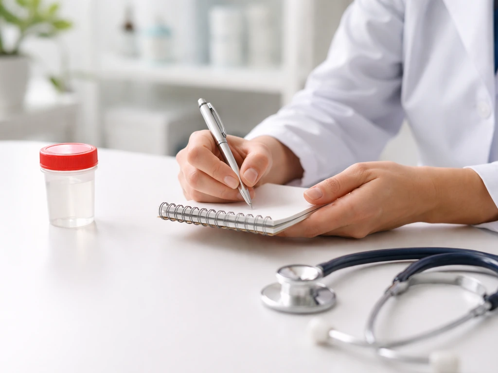 Clinician hands with checklist notepad and pen beside medical supplies on a clean desk, natural light.
