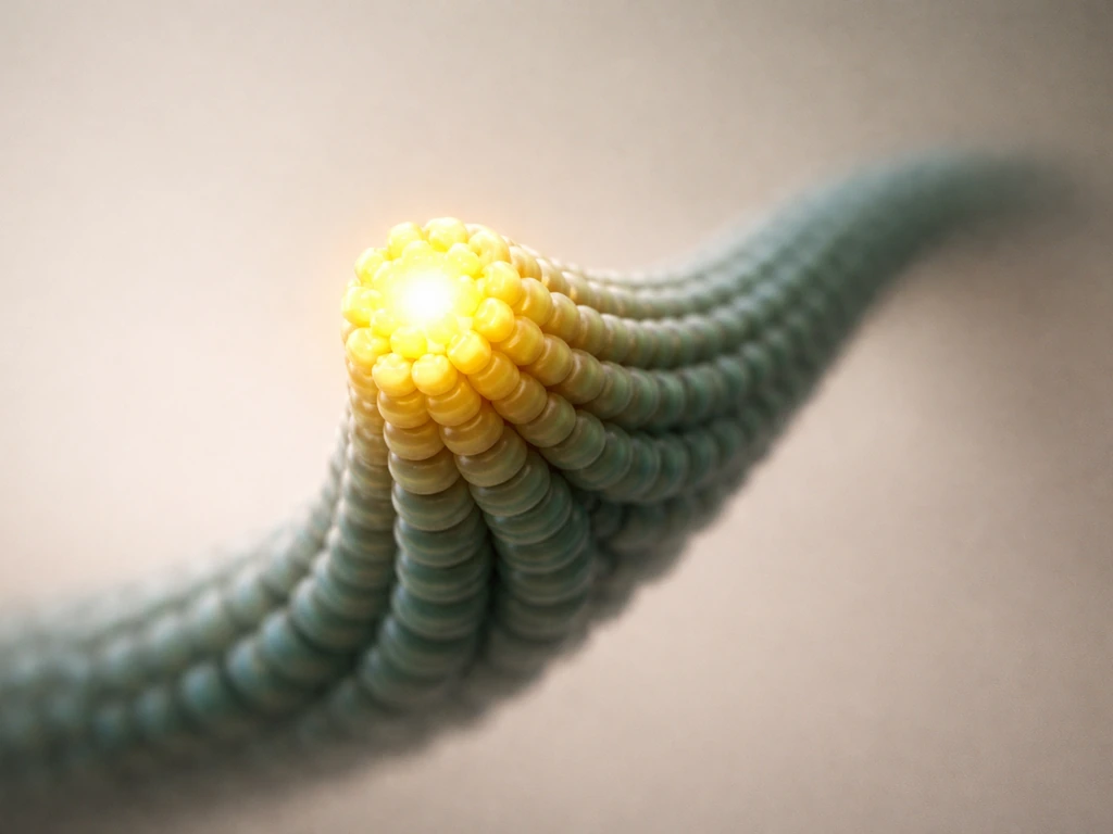 3D render of a microtubule plus end with a bright GTP cap and curling tubulin lattice behind it