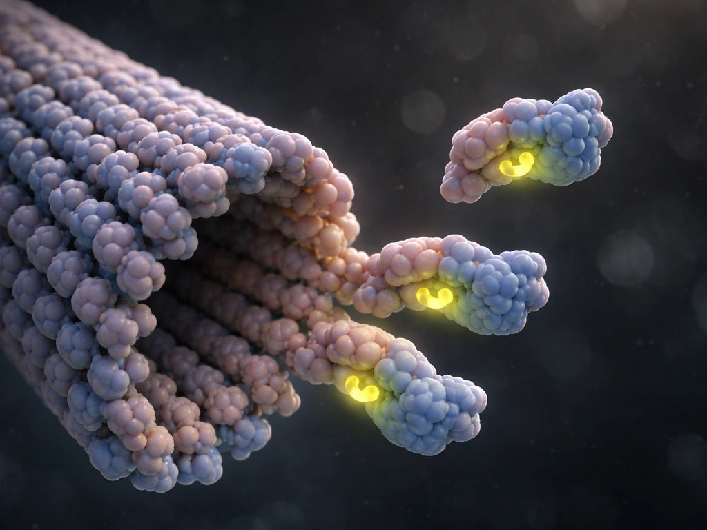 Close-up microscopic view of GTP-loaded tubulin dimers docking at a microtubule plus end and joining the lattice.