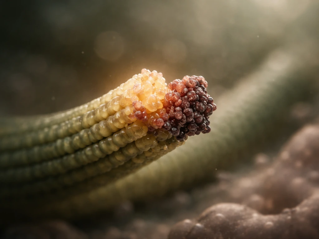 Macro view of a microtubule end with two protein clusters suggesting growth and catastrophe regulation.