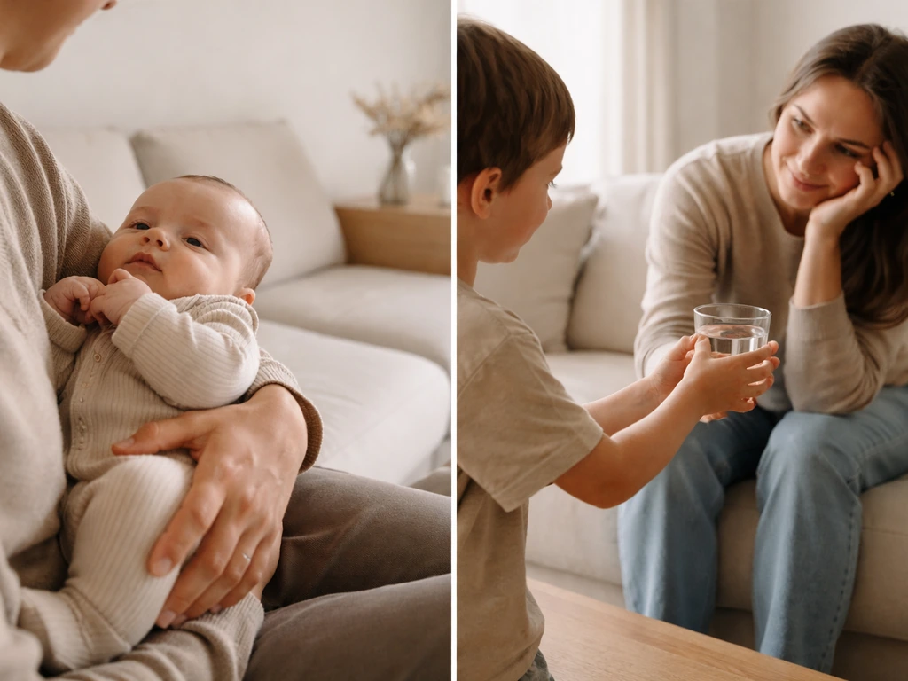 Two quiet home scenes: family growing with a baby and responsibilities shifting among parents and a child.