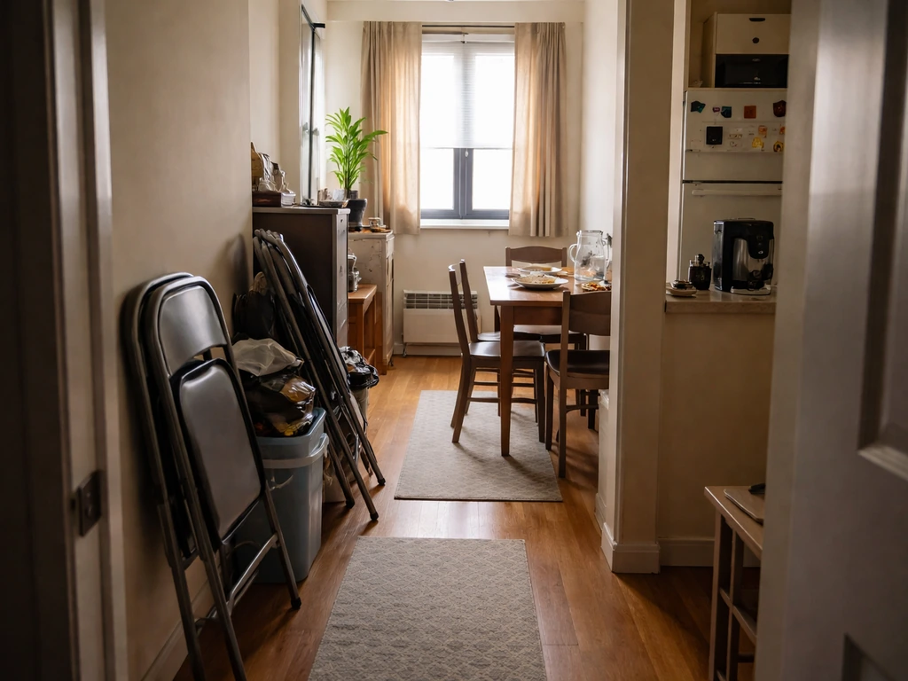 Tight apartment interior with limited walkway and stacked items suggesting a carrying-capacity ceiling