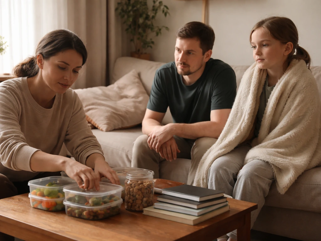 Family calmly reorganizing routines at a small table in a bright living room after a rough patch.