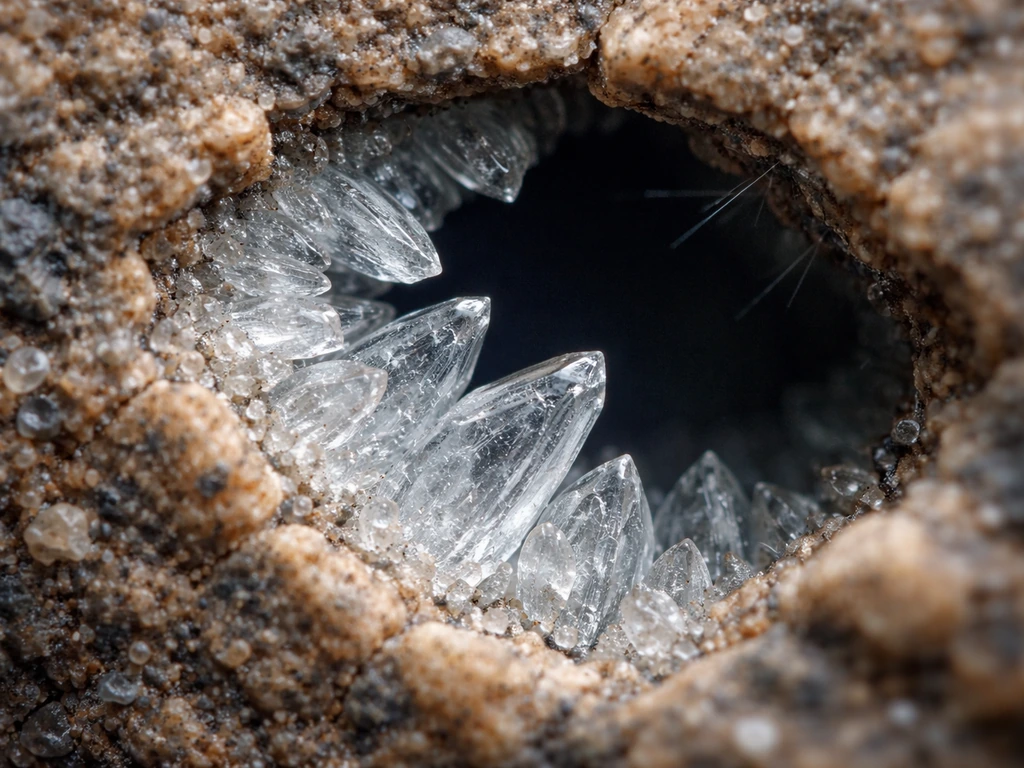 Macro view of a rock pore with crystals growing and microcracks forming from expansion stress.