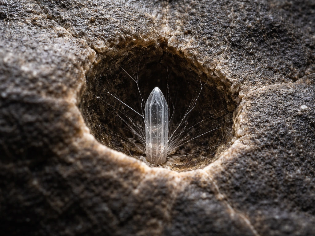 Macro view of a crystal growing inside a rock pore, constrained cracking microcracks on the walls