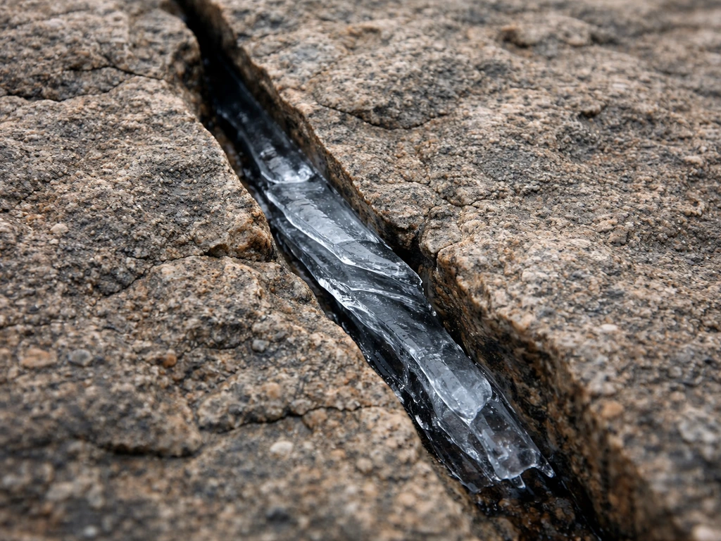 Close-up of rock splitting along joints with clear ice wedge and ice lens-like layers in cracks