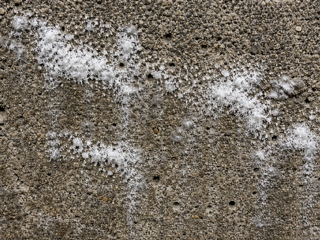 Close-up of white powdery salt efflorescence and granular crust on rough concrete surface