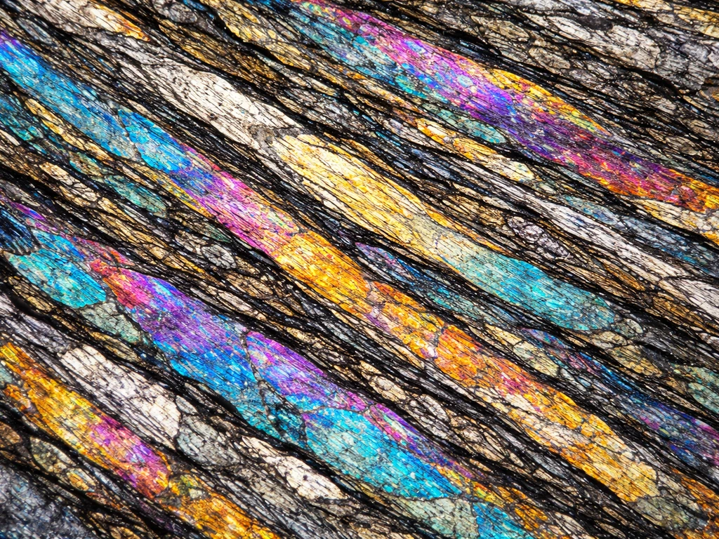 Cross-polarized view of metamorphic rock microstructure with elongated grains aligned in foliation bands.