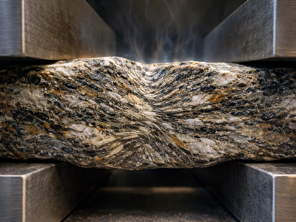 A metamorphic rock core being squeezed and heated as mineral grains deform and elongate along foliation.