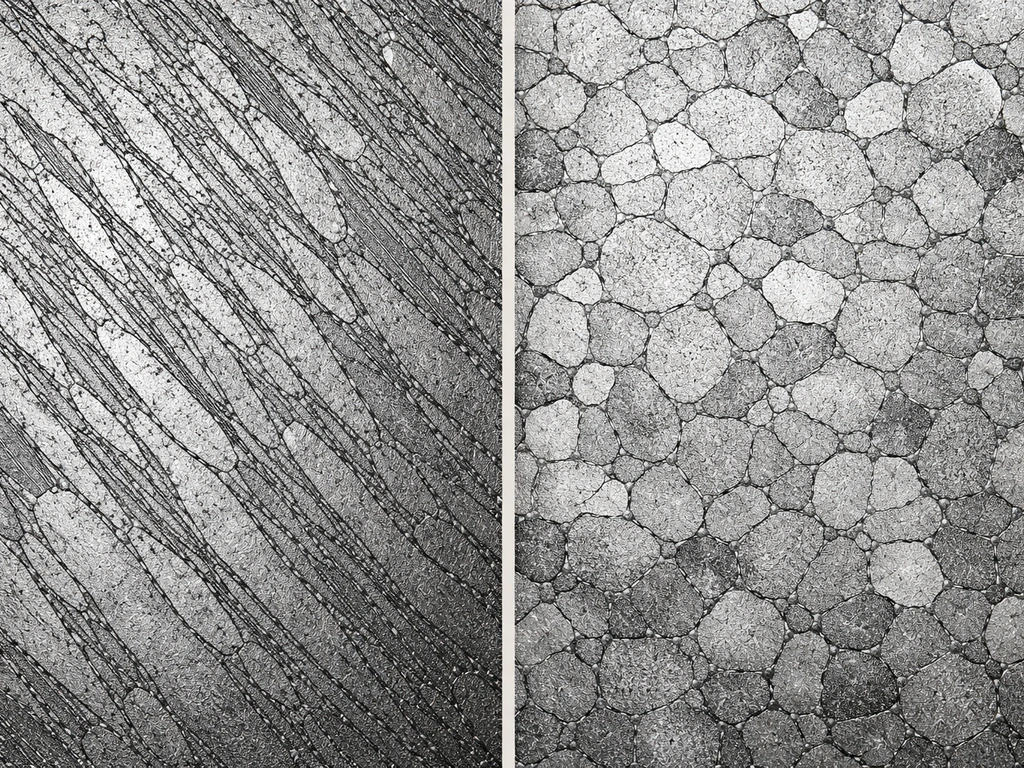 Minimal side-by-side microstructure photo showing elongated directional grains vs equant random grains.