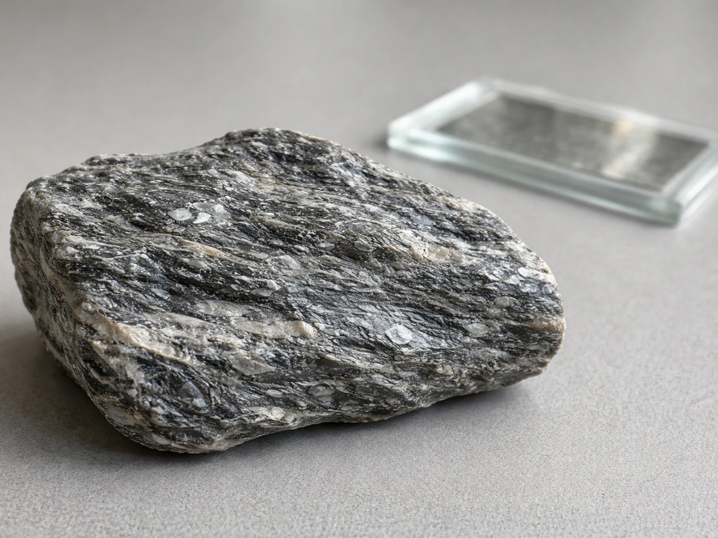 Close-up of a foliated metamorphic rock showing aligned mica flakes and elongated grains on a tabletop.