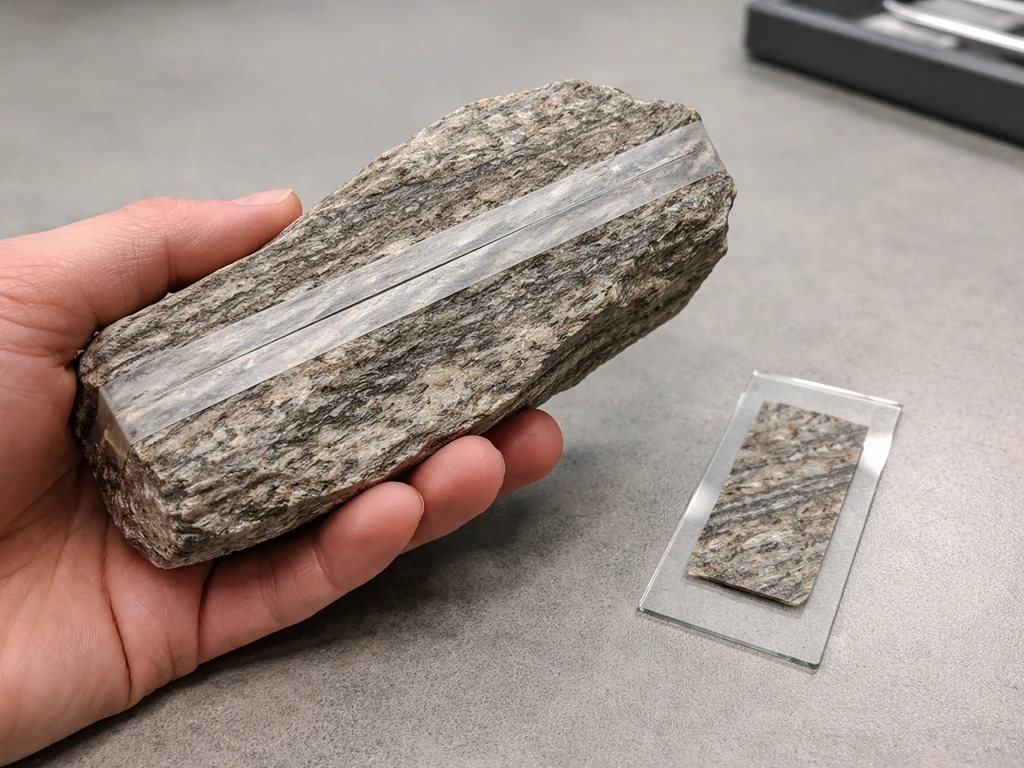 Oriented metamorphic rock in geologist’s hands with foliation/lineation marks and a mounted thin section.