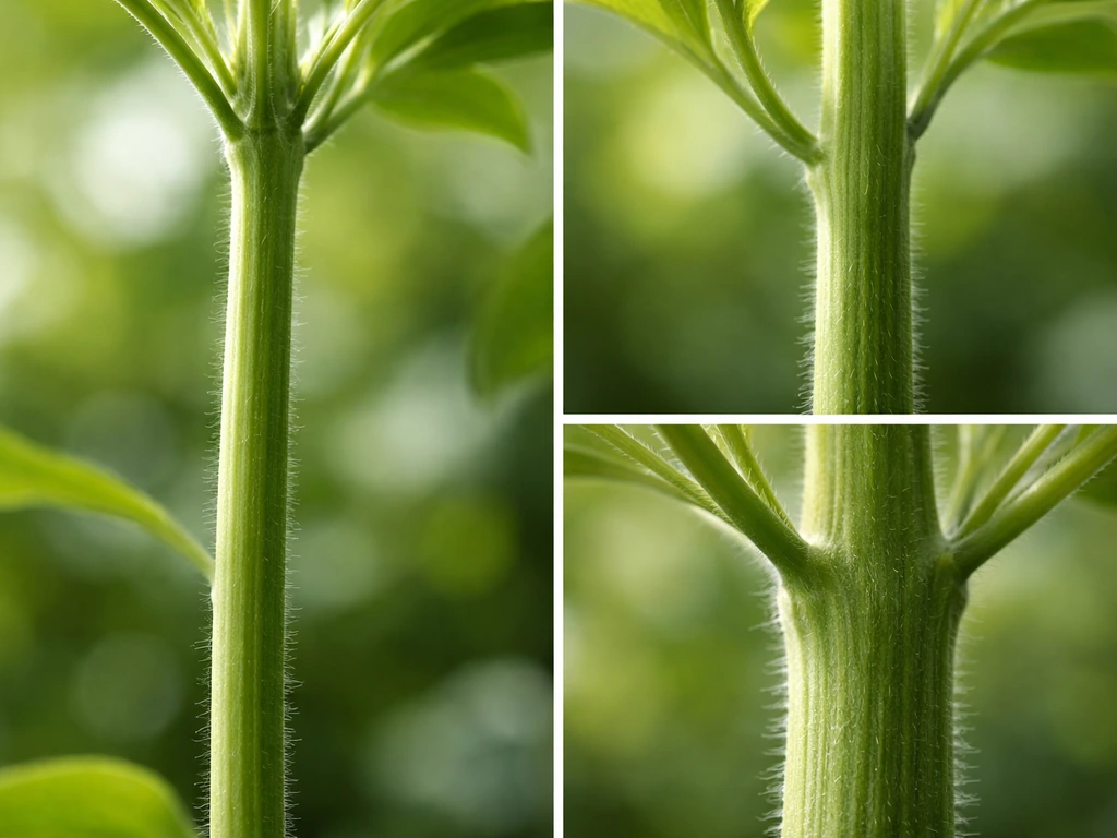 Macro view of a plant stem showing length growth and thickening side-by-side, no text.