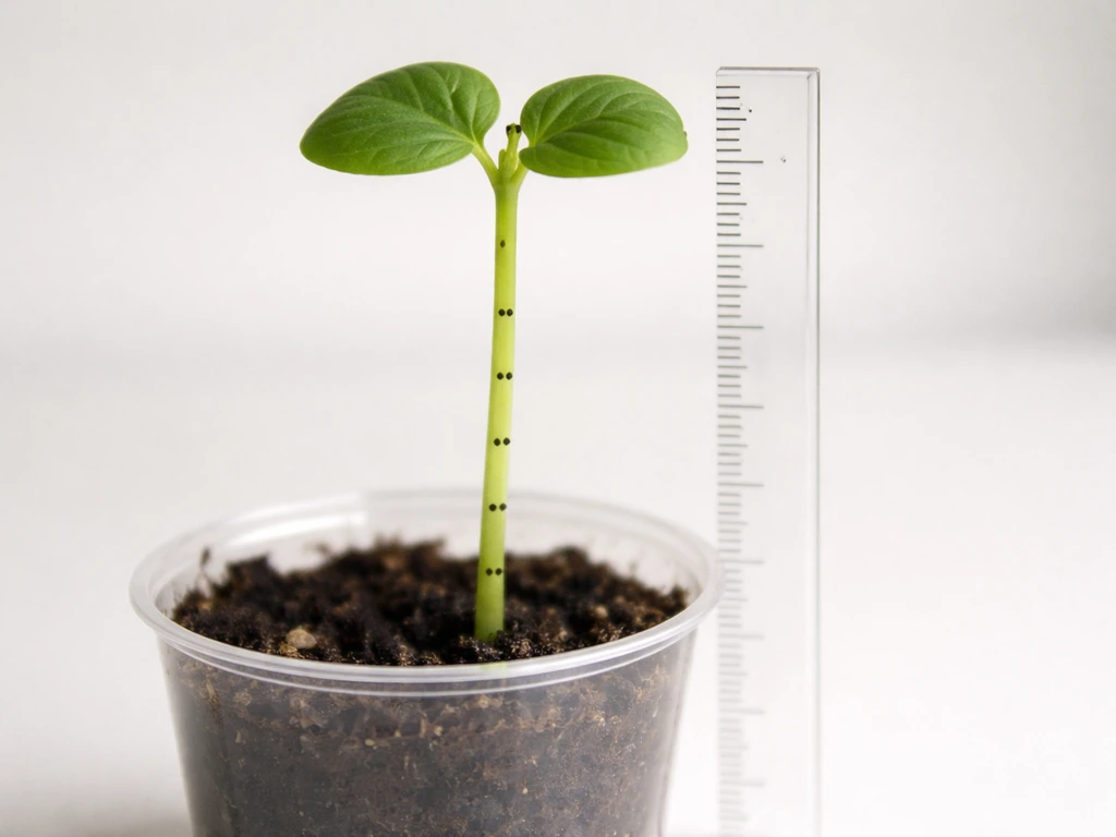 Young bean seedling with marker dots along the internode beside a ruler measuring stem length