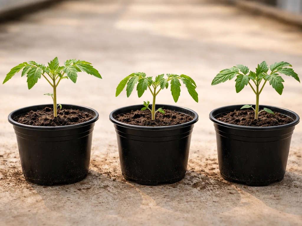 Three small pots of seedlings showing drought stress and recovery under natural light.