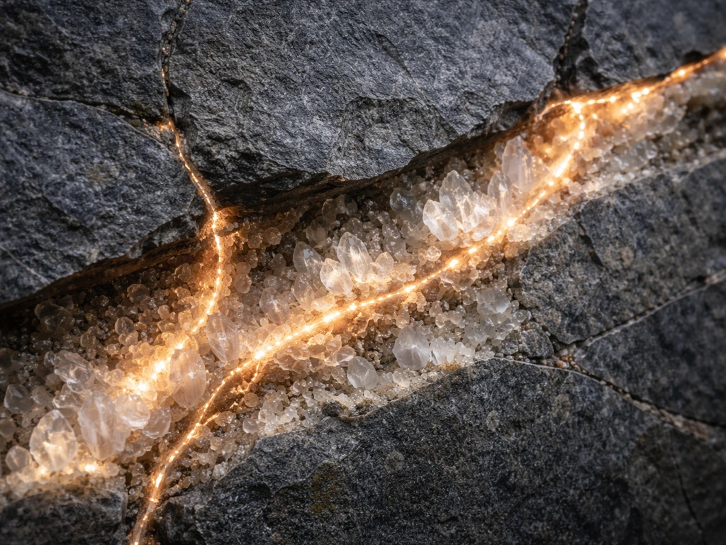 Realistic cross-section of a rock with new mineral crystals growing through dissolution and fluid pathways.