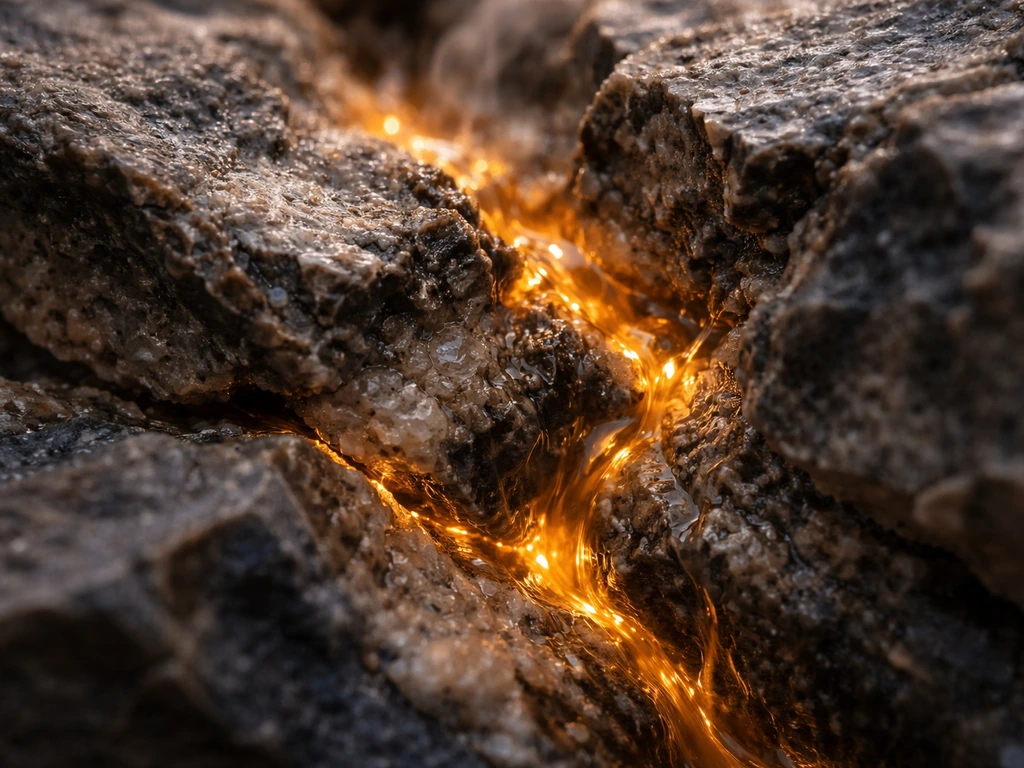 Hot amber hydrothermal fluid streams into rock fractures, feeding crystals in pore spaces.