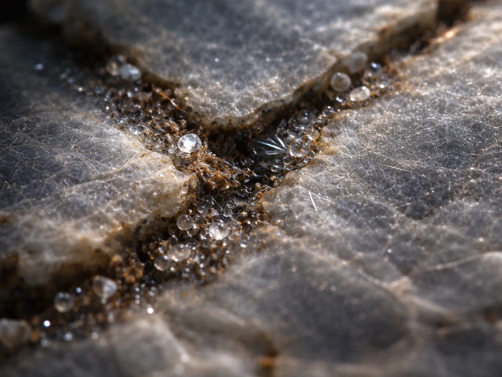 Close-up mineral grain interfaces showing a few tiny crystal nuclei in supersaturated patches