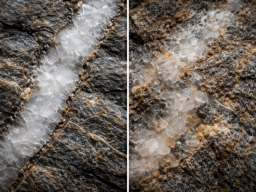 Split macro view of mineral veins cutting through rock versus replacement grains conforming to host texture