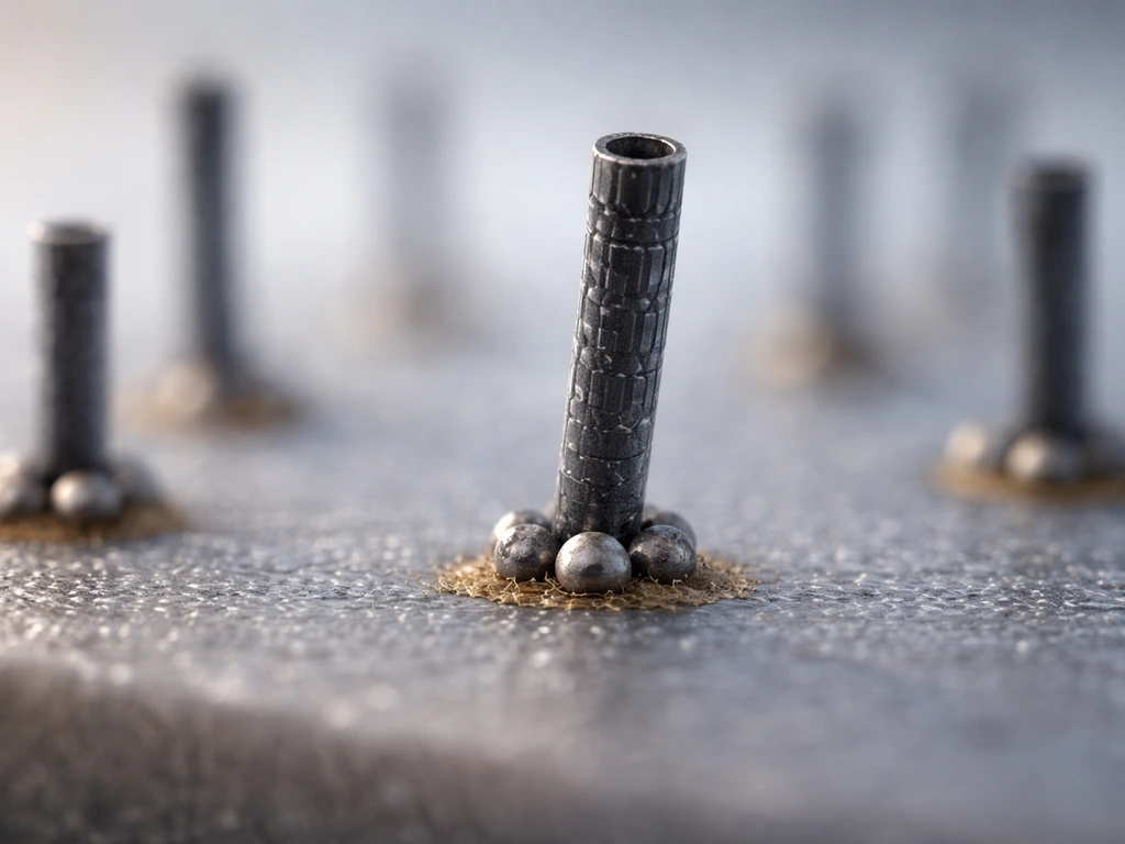 Nanoscale view of carbon nanotubes growing upward from metal catalyst nanoparticles on a substrate.