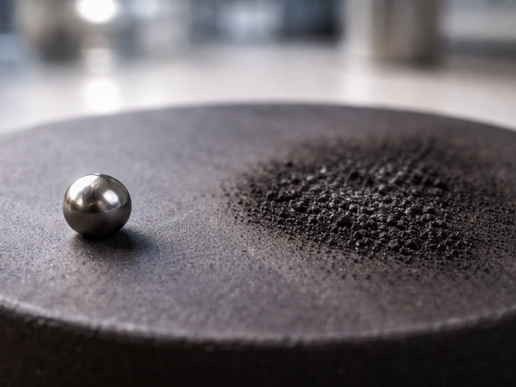 Minimal photo of a metal catalyst bead beside a dark coked surface, showing working vs deactivated growth.