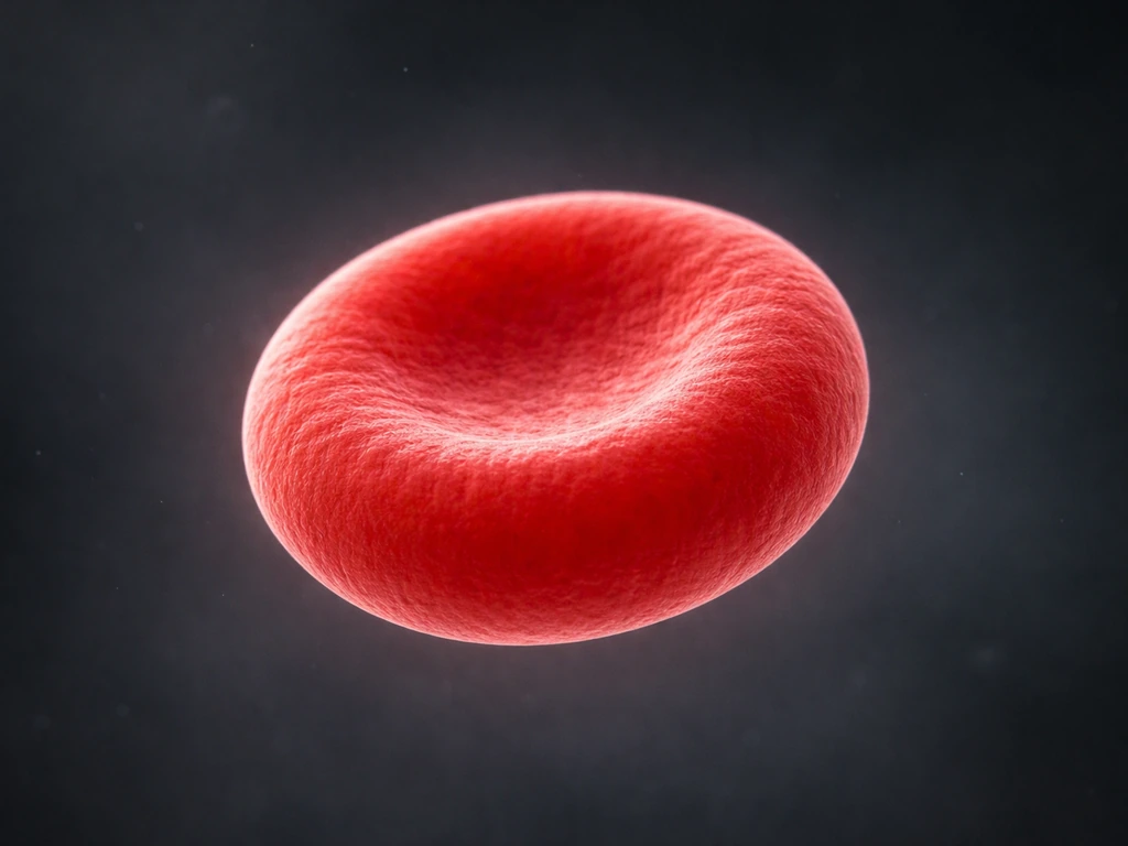 Photorealistic 3D view of a mature red blood cell biconcave disc with hemoglobin, no nucleus.