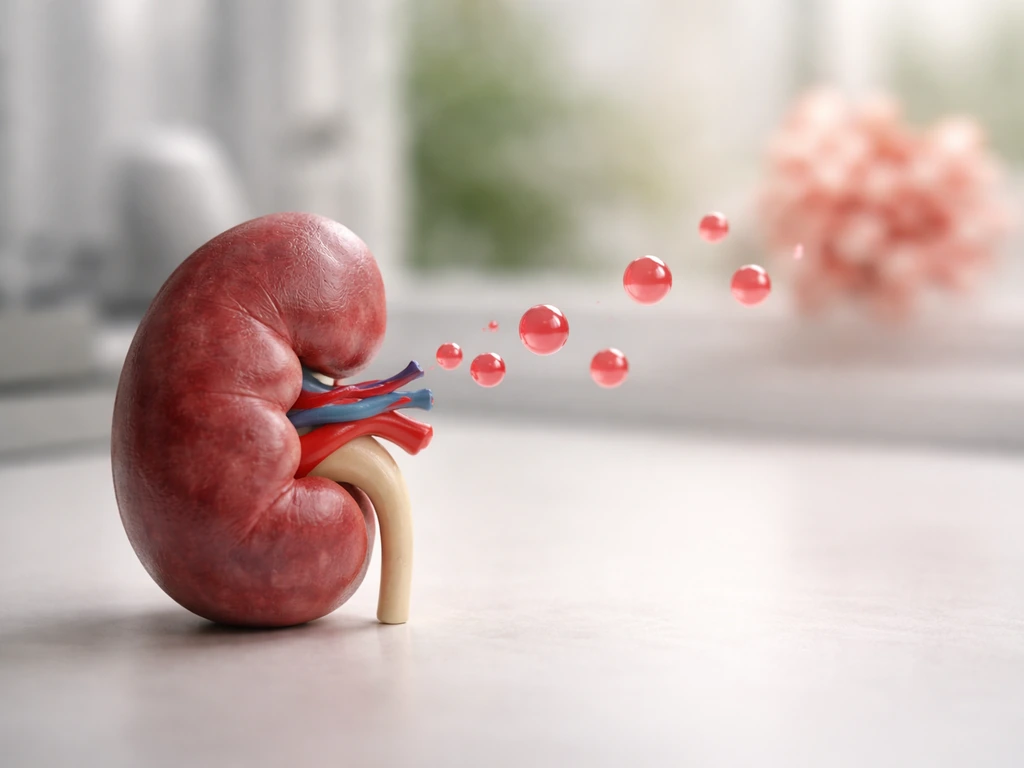A realistic kidney model releasing red spherical messengers toward a faint bone marrow-like cluster