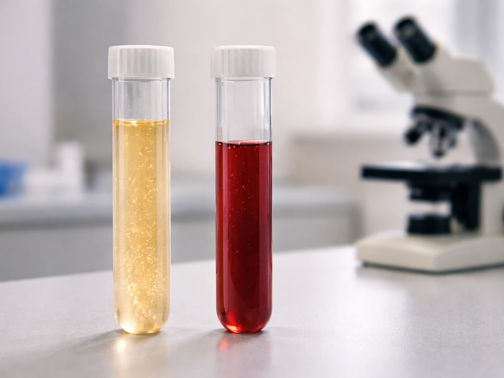 Two test tubes on a lab bench: more reticulocyte-like sparkles in one, fewer in the other.
