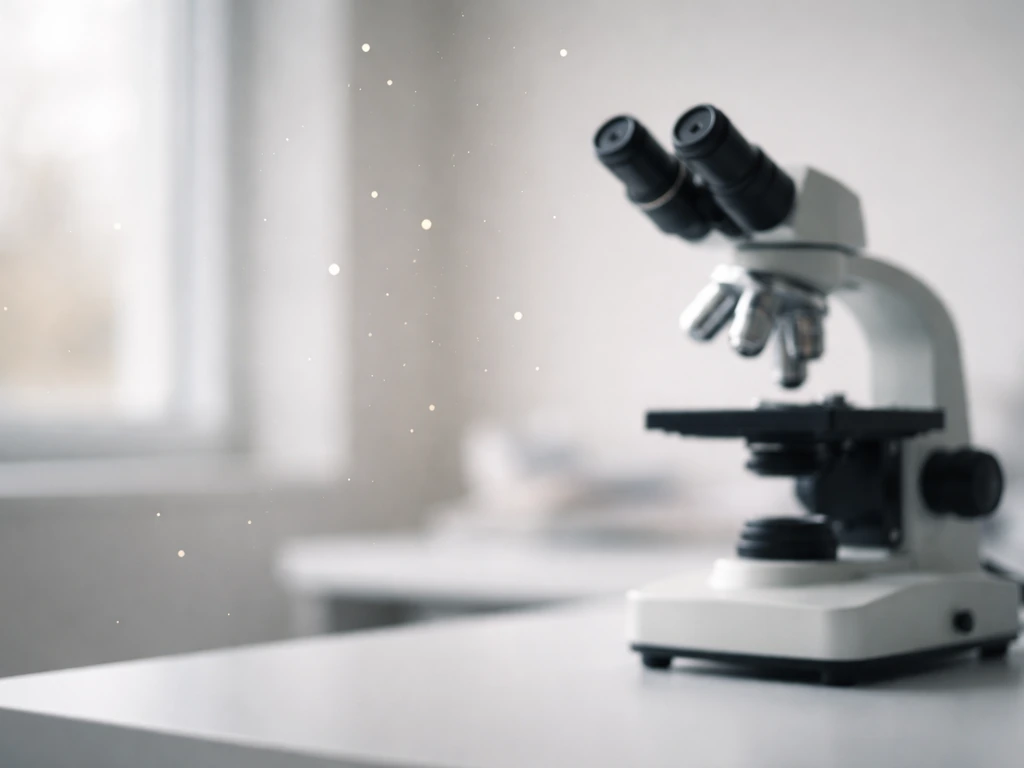 Minimal macro photo of a scientist’s desk with a microscope and floating particles suggesting microscopic cell growth li