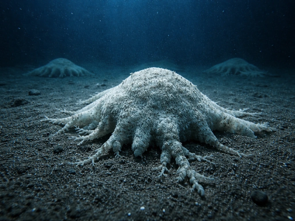 Deep-sea seafloor with a few giant xenophyophore-like protists in focus, dark sediment and faint glow.