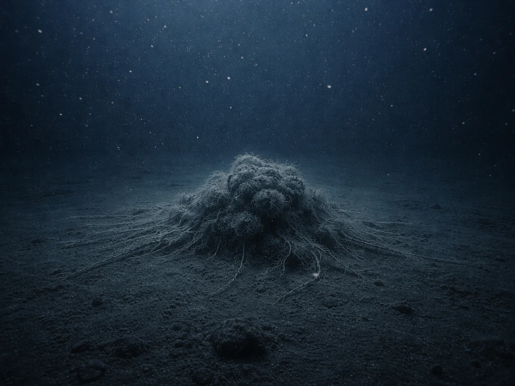 Giant xenophyophore-like mound on the dark seafloor with faint drifting marine snow in cold deep water.
