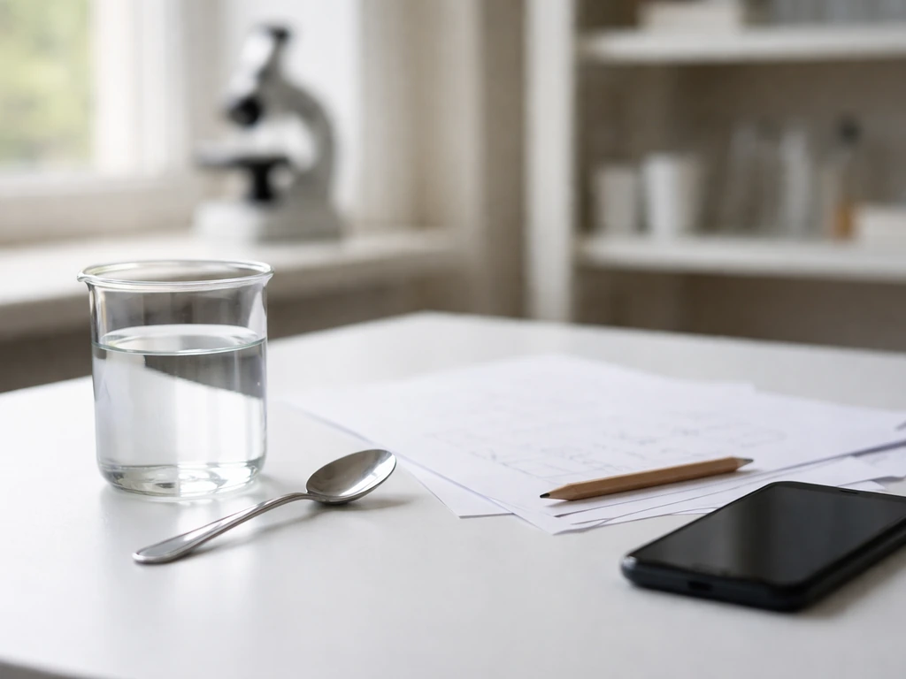 Minimal desk scene with beaker, papers, and pencil marks suggesting a diffusion-size calculation