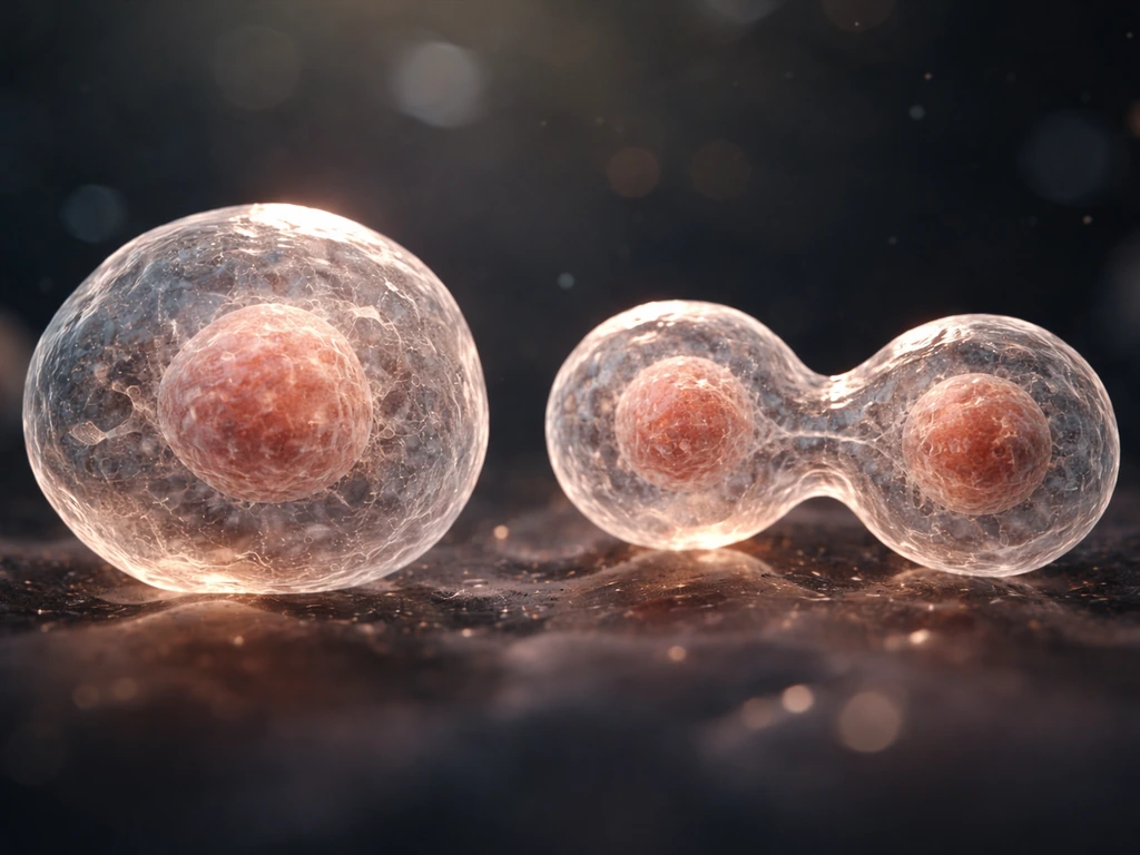 Minimal close-up of two tissue-like cells splitting and one cell enlarging in a simple lab setting.
