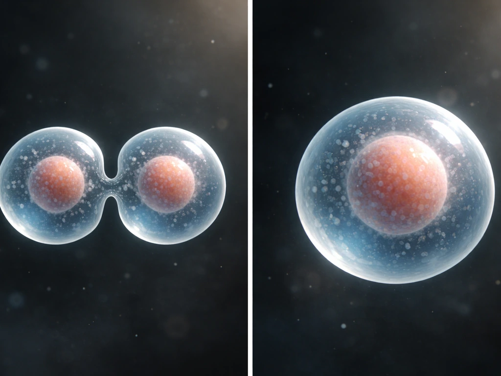 Two side-by-side microscope-like views: left cell division into two cells, right cell expansion and enlargement.