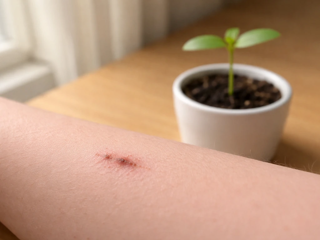 Close-up of a healing skin wound with small scab and a small potted sunflower sprout