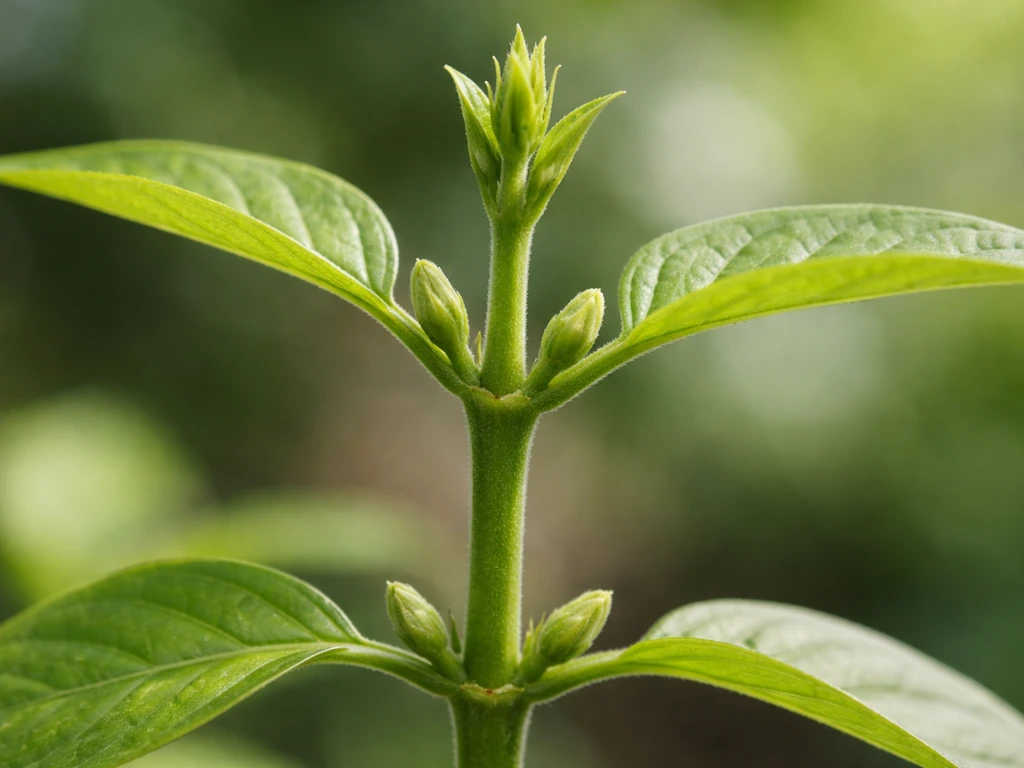 Close-up of a plant stem showing nodes, buds in leaf axils, and a dominant shoot tip