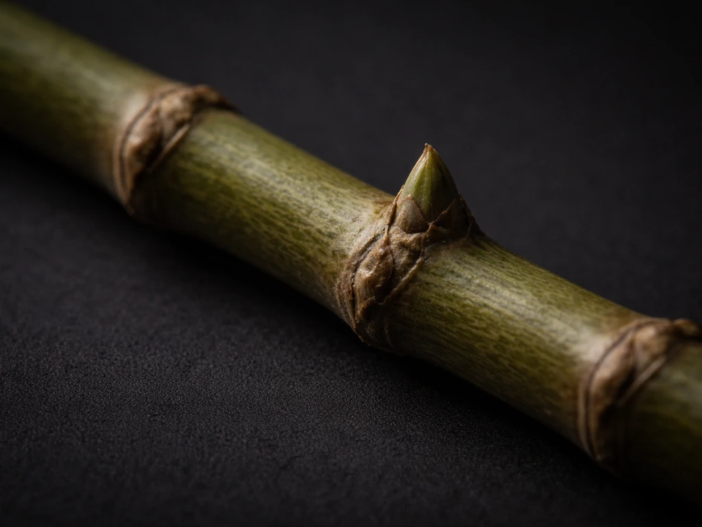 Macro view of a plant stem segment showing nodes and an axillary bud region for future branching.