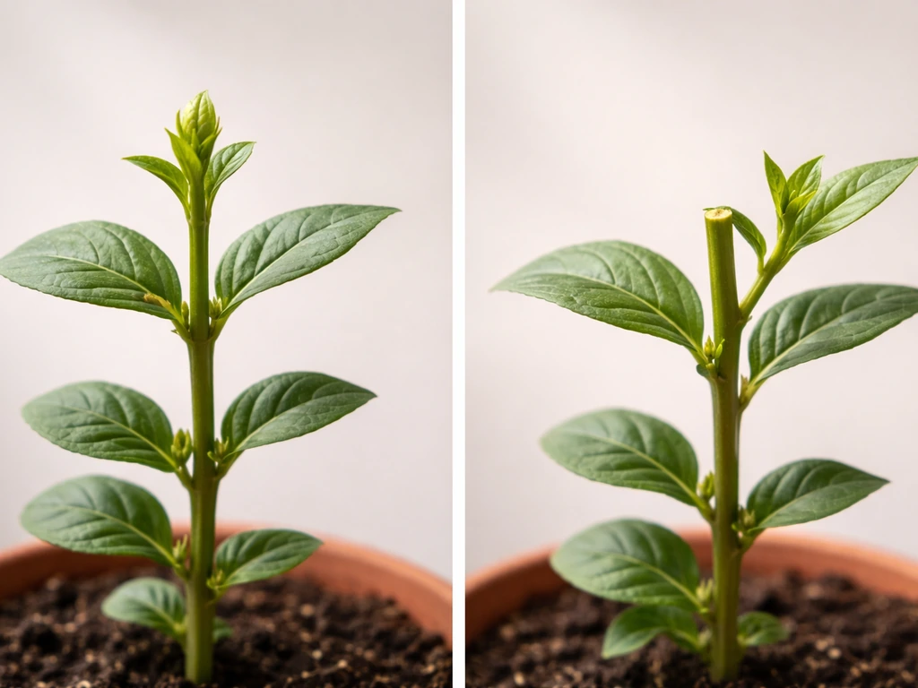 Split view of one plant: intact shoot tip suppressing side buds vs cut tip with an emerging side shoot.