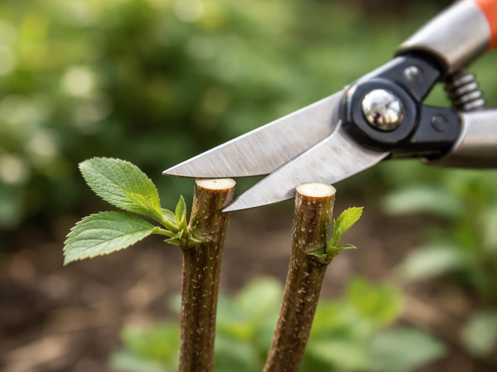 Pruning shears snip a small woody stem just above a node with cut surface clearly visible.