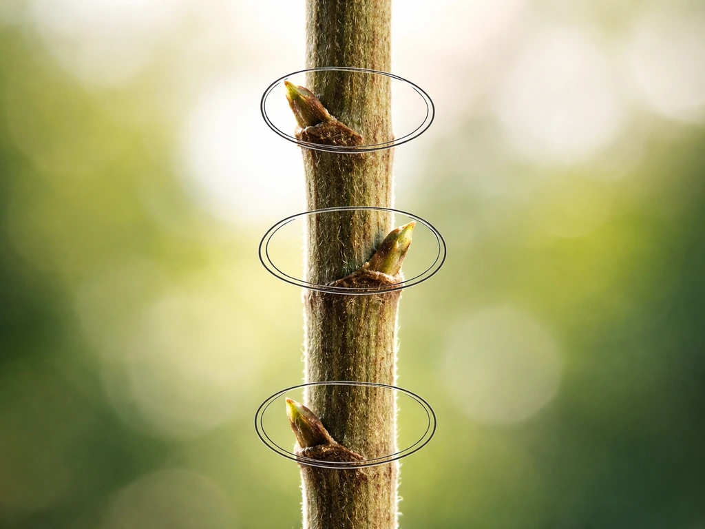 Close-up of a twig held to light, showing nodes and leaf axils with circled branch points.