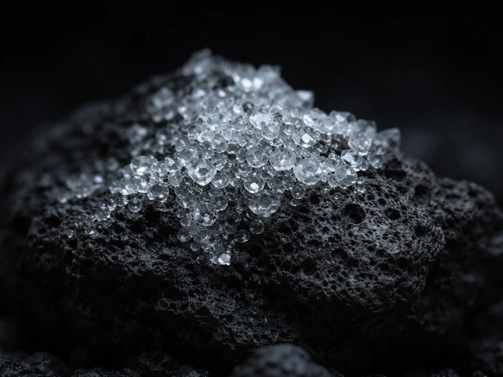 Macro view of clear crystals clustered on rough porous charcoal, facets sharply detailed.