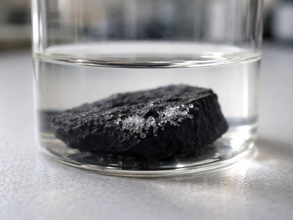 White crystals clustering on charcoal while the solution around it remains clear.
