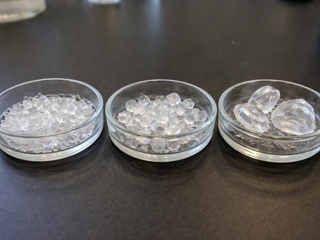 Three crystallization dishes side by side showing different crystal sizes and shapes on a lab bench.